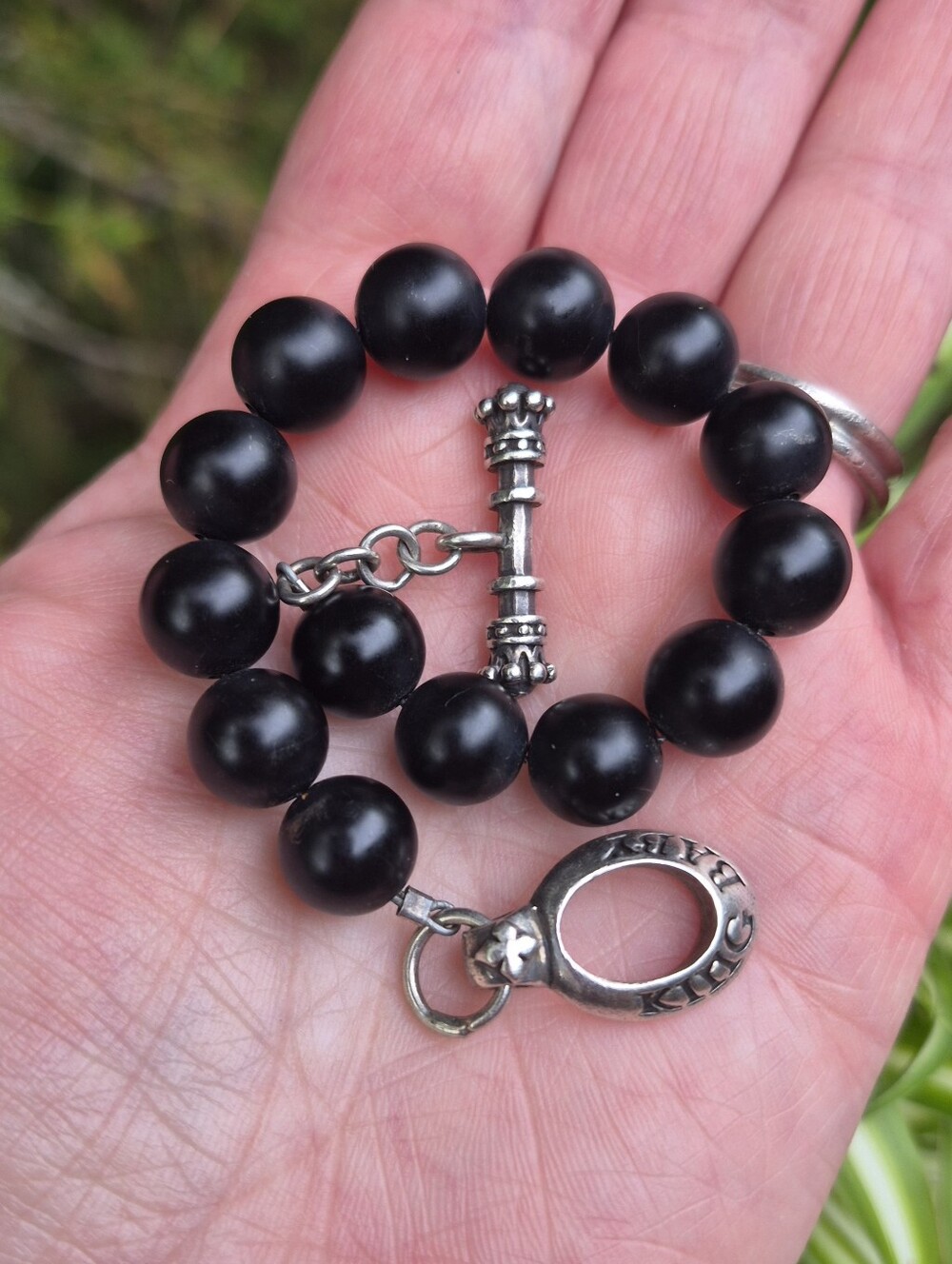 King Baby Studio Black Onyx Beaded 925 Sterling Silver USA Toggle Bracelet 7"